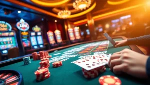 The 222bd app shows an exhilarating poker game with luxurious chips, cards, and a roulette wheel nearby.