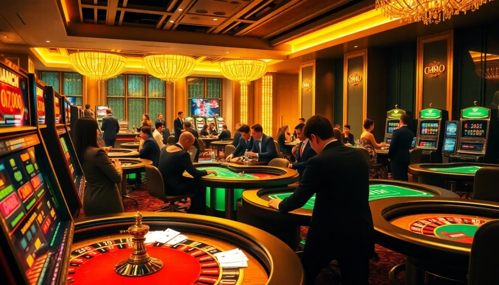 Experience the excitement at SODO casino featuring poker chips and roulette wheels in a vibrant atmosphere.