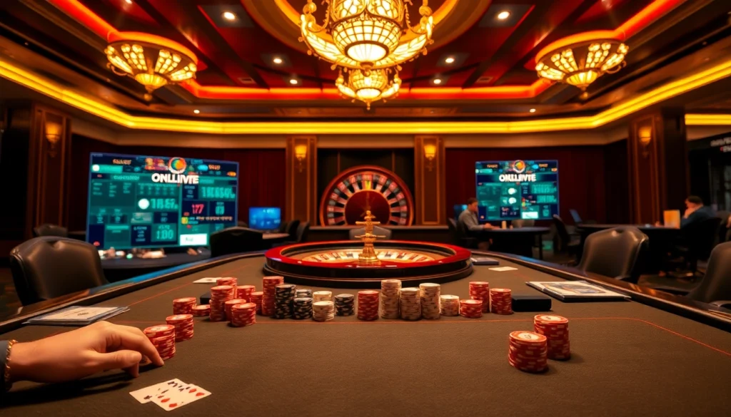 Experience the thrill of casino gaming with OKLIVE, featuring a luxurious poker setup and vibrant roulette.
