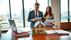 Real estate lawyer advising clients in a modern office with legal documents and a city view.