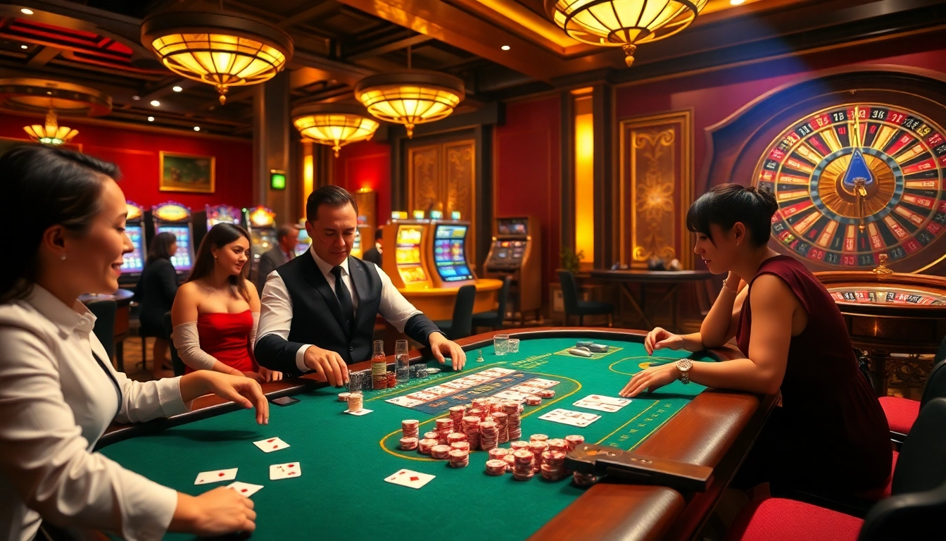 Players enjoying a thrilling blackjack game at VMAX casino with vibrant atmosphere and professional dealer.
