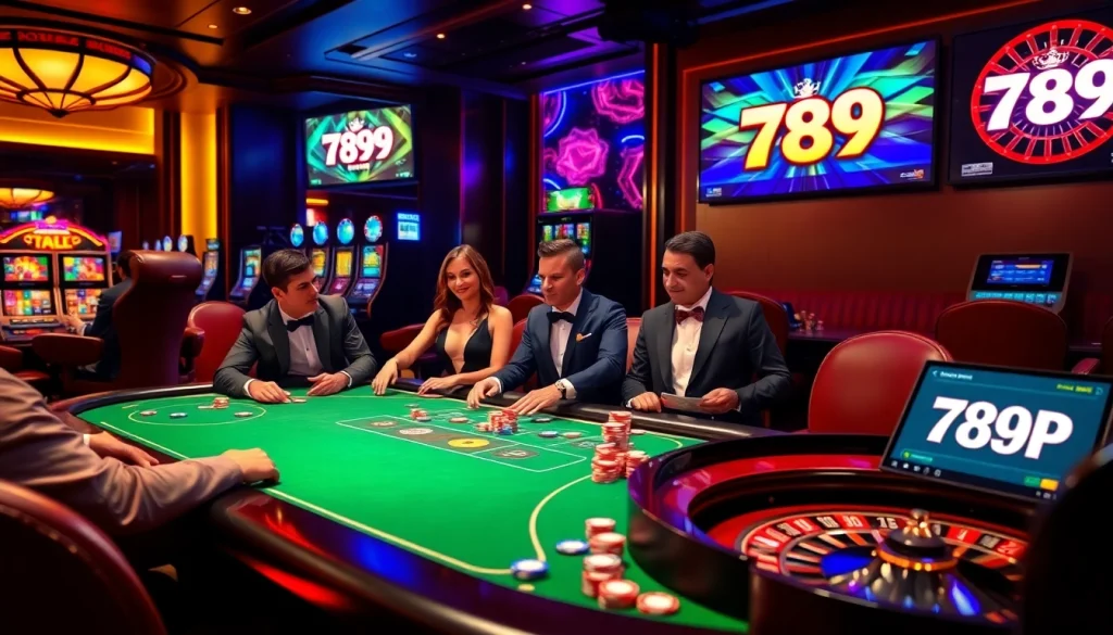 Experience high-stakes poker action at 789 P casino with vibrant slot machines and elegant decor.