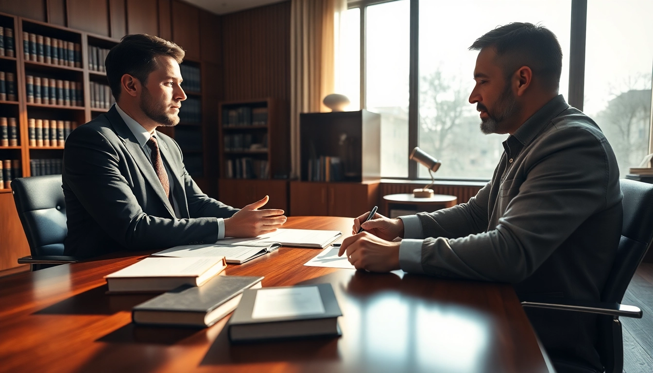 Client discussing a personal injury claim with a lawyer in a professional office setting