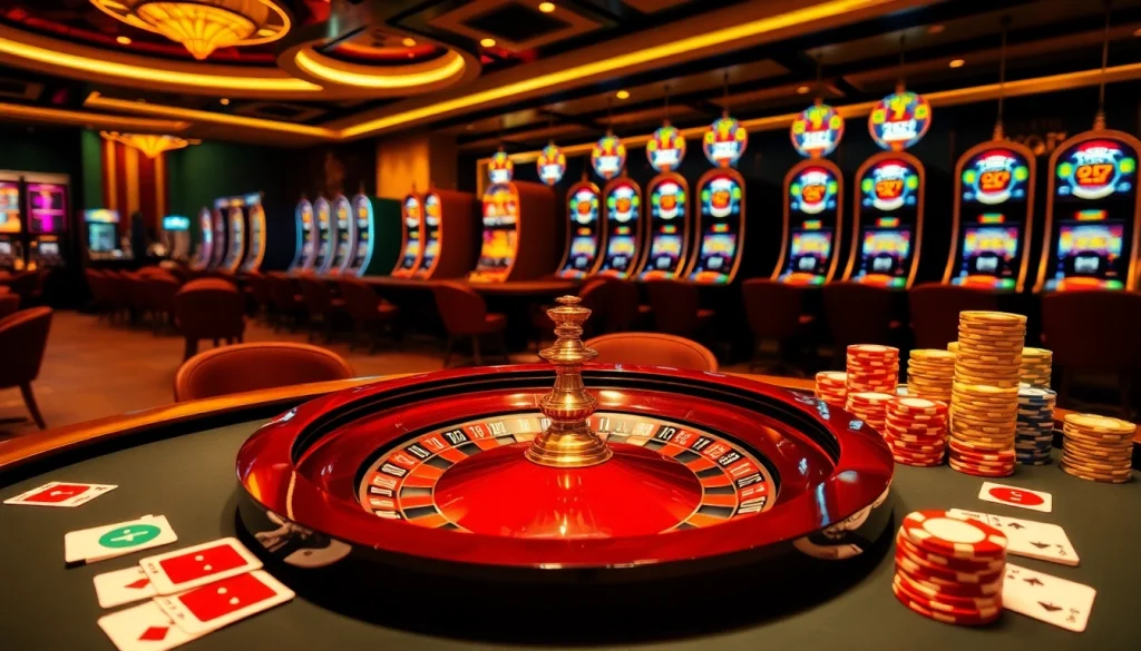 A colorful casino scene at https://debet66.com/ featuring a roulette wheel and poker table filled with chips.