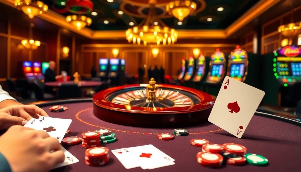 A vibrant casino scene showcasing the kjc website with players at a poker table, winning hands, and excitement in the air.