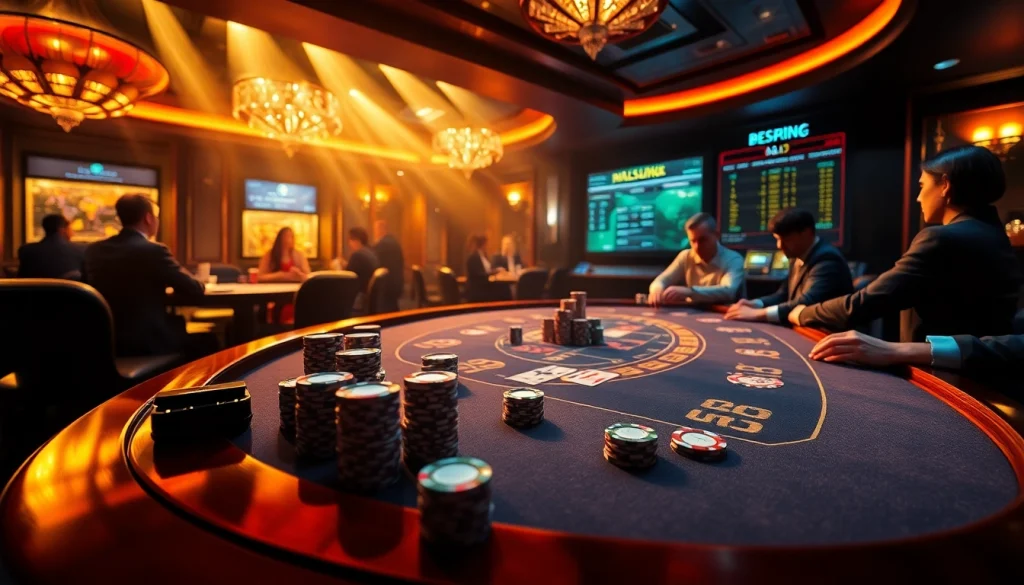 S8 Casino gaming scene featuring poker table and vibrant chips with engaged players.