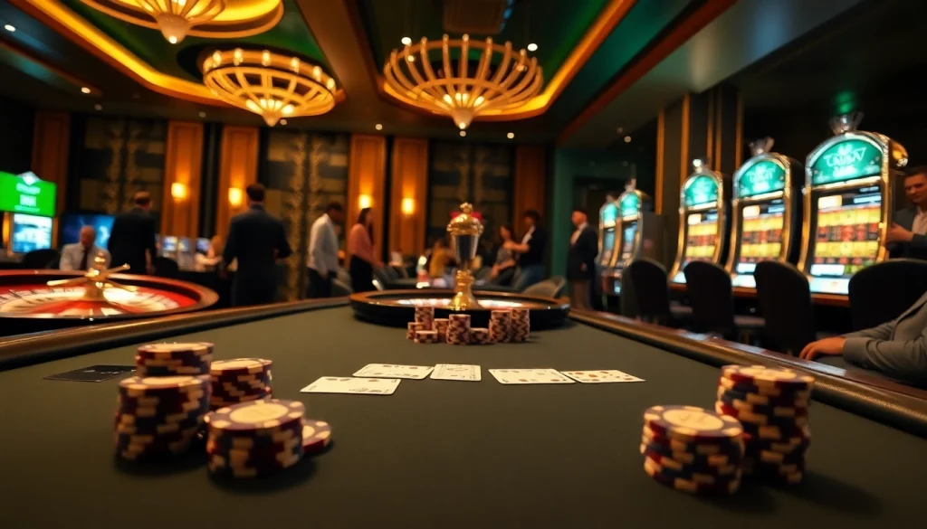 Experience thrilling gameplay at 555win com's luxurious casino tables filled with poker chips and cards.