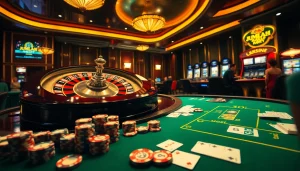 High-stakes casino scene showcasing JUMLAH BACKLINK metrics on digital screens with roulette and poker tables.