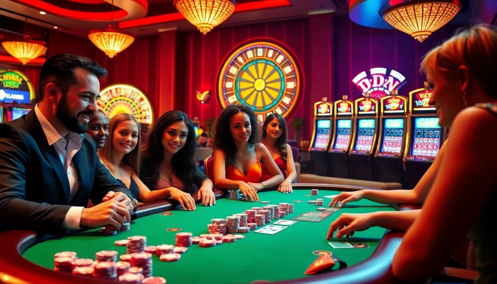 Players enjoying a thrilling poker game at hbbet casino with colorful chips and cards.