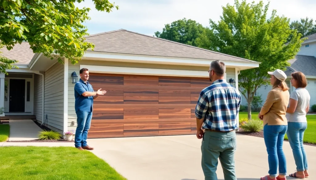 Garage Door Company in Carver, MA installing a modern garage door with a technician assisting homeowners.