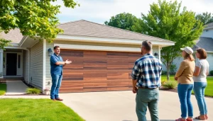 Garage Door Company in Carver, MA installing a modern garage door with a technician assisting homeowners.