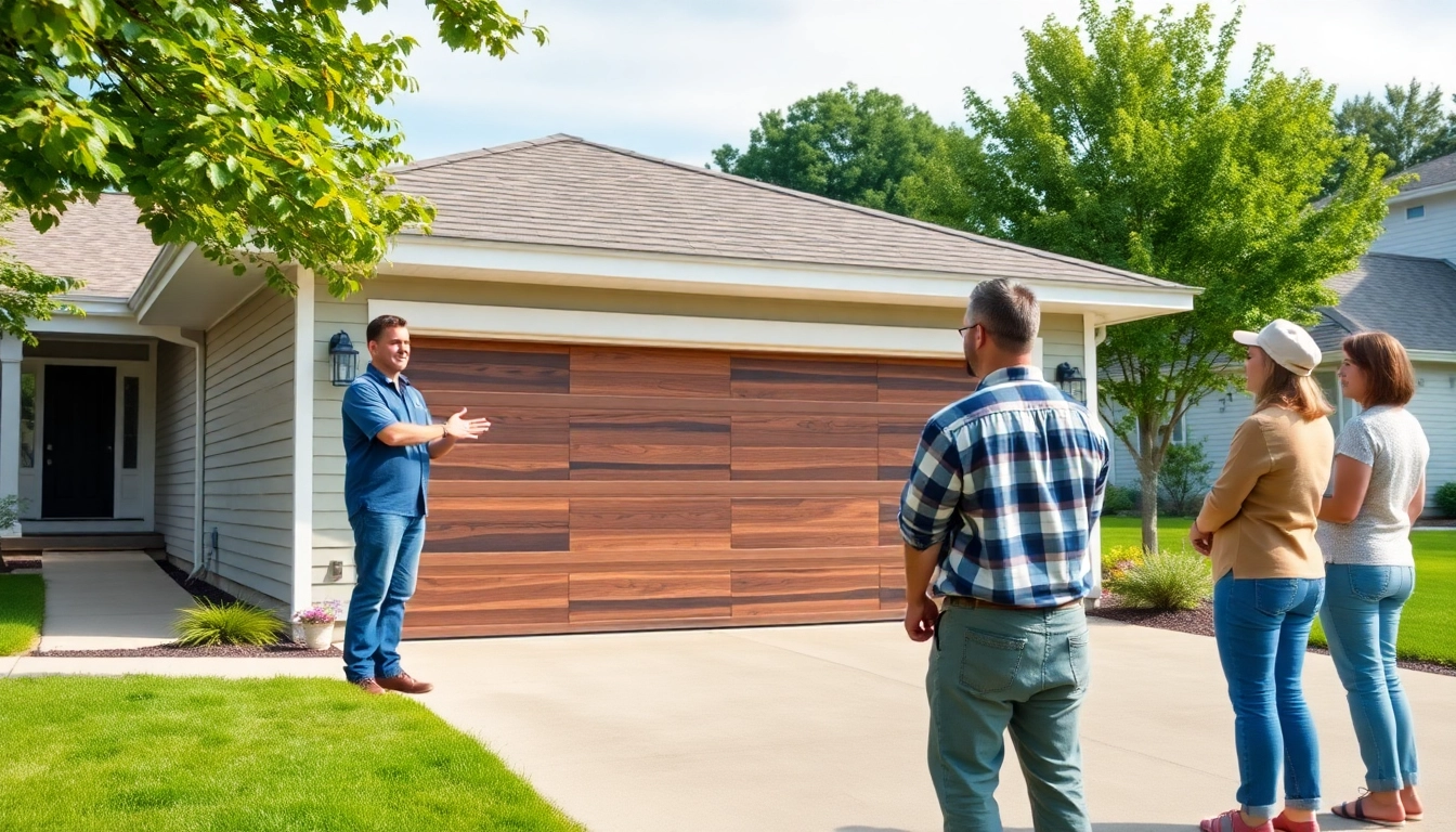 Garage Door Company in Carver, MA installing a modern garage door with a technician assisting homeowners.