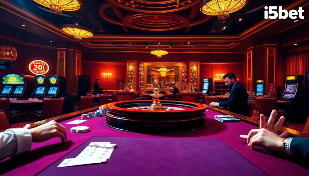 Experience exciting online gambling at i5bet, featuring a vibrant casino scene with poker tables and roulette wheels.