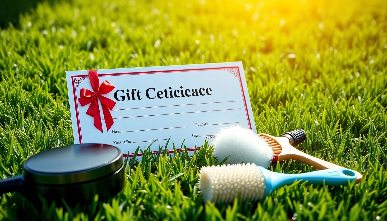 Present a car detailing gift certificate in a lush environment with professional detailing tools.