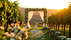 Capture of Clarksburg Wedding Venues with stunning vineyard altar and floral decor.