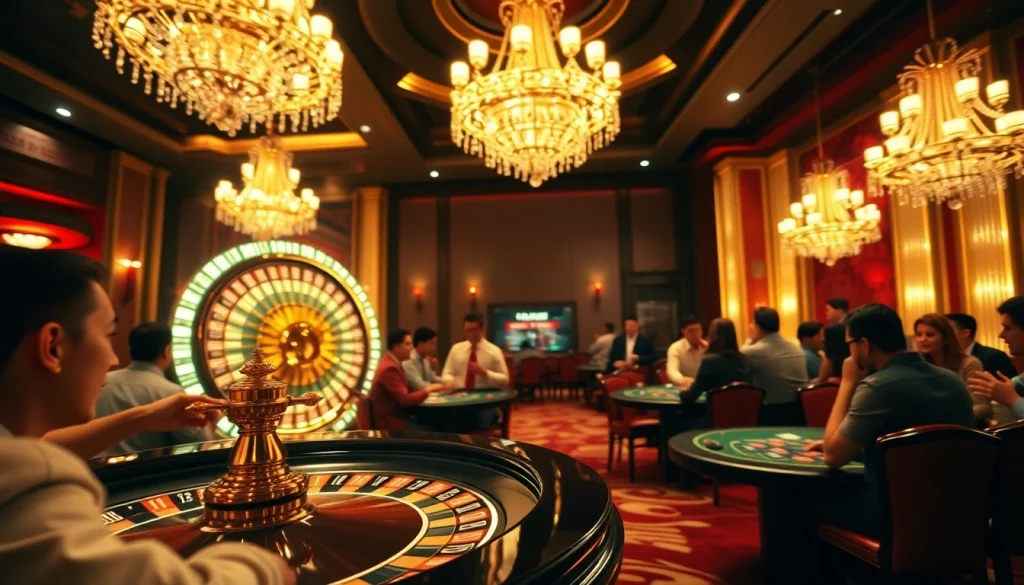 Excited players betting on MK8 gaming tables at a luxurious casino.