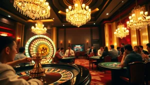Excited players betting on MK8 gaming tables at a luxurious casino.
