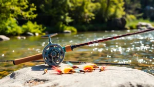 Showcase a Fly fishing combo alongside a tranquil stream, emphasizing its quality and vibrancy.