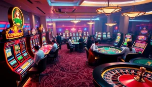 Exciting casino scene at https://33win.free/ showcasing slot machines, poker tables, and vibrant gameplay.
