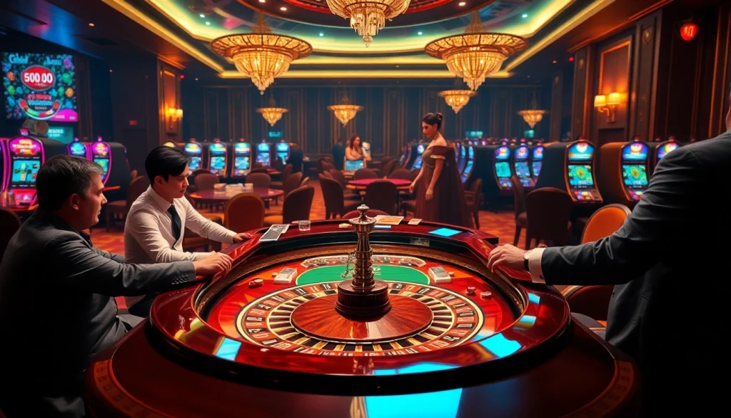 High-stakes players engaging at a luxurious roulette table in a lavish RR88 casino environment.