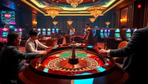 High-stakes players engaging at a luxurious roulette table in a lavish RR88 casino environment.