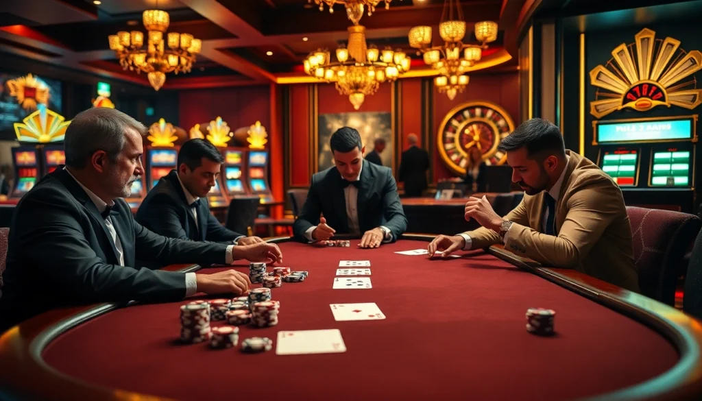 TT88 gaming experience at a luxurious poker table with vibrant slot machines and betting slips.
