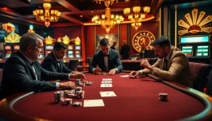 TT88 gaming experience at a luxurious poker table with vibrant slot machines and betting slips.