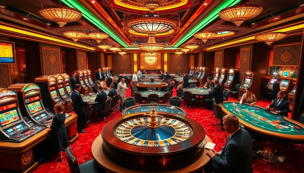 Excited players enjoying the QQ88 casino experience with vibrant gaming tables and slot machines.