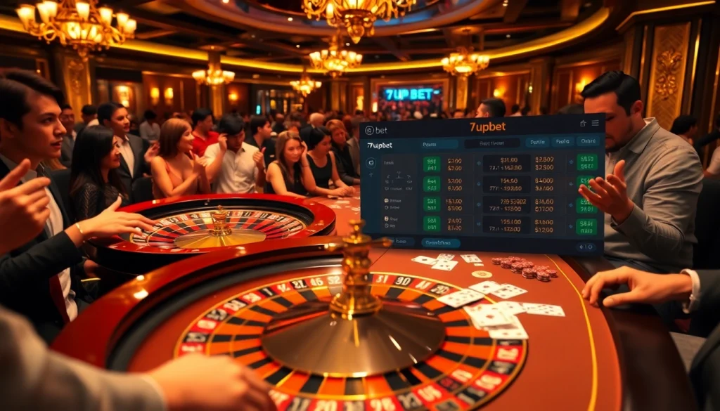Engage in high-stakes betting with 7upbet at a luxurious casino scene filled with excitement.