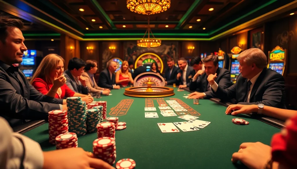 Experience the thrill of Thabet gaming at a vibrant poker table surrounded by eager players.