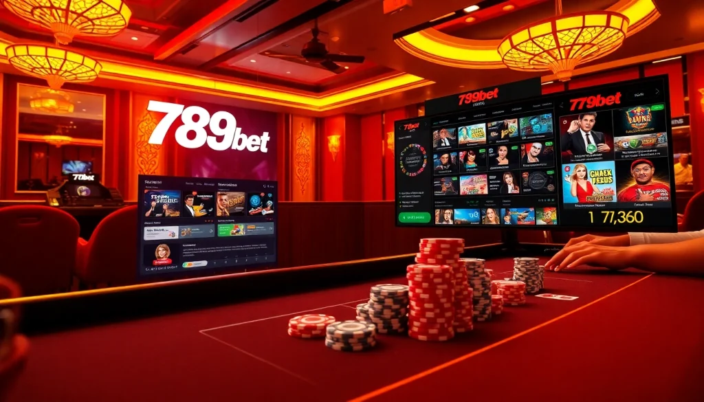 Players strategizing at a 789bet poker table, engaging with colorful chips and cards in a vibrant casino.