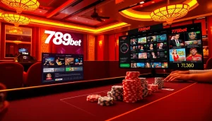 Players strategizing at a 789bet poker table, engaging with colorful chips and cards in a vibrant casino.