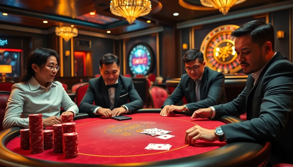 High-stakes poker players at a sbobet table showcasing excitement and strategic gameplay.