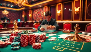 Engaging gamblers at a luxurious casino table featuring tt 88 poker chips and cards.