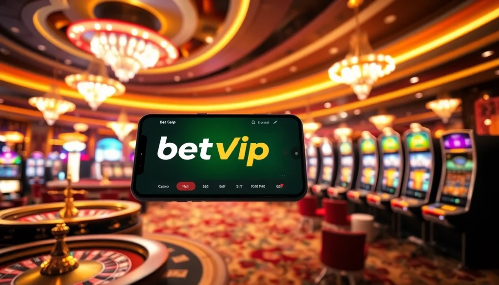 Trải nghiệm sự phấn khích của ứng dụng BetVIP trong một cảnh casino sống động với các bàn chơi nhộn nhịp và máy đánh bạc.