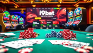 Experience thrilling gaming action at i9bet with vibrant slot machines and colorful poker chips.