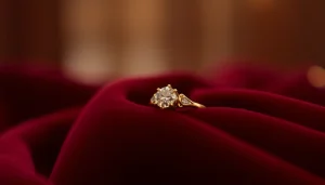 豪華なバーガンディベルベットを背景に、緻密なデザインと輝きを見せる息をのむ結婚指輪（結婚指輪）。