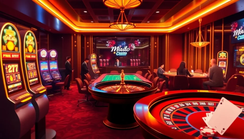 Experience thrilling gambling at https://mm88.today/ with a luxurious online casino atmosphere featuring vibrant tables and slot machines.