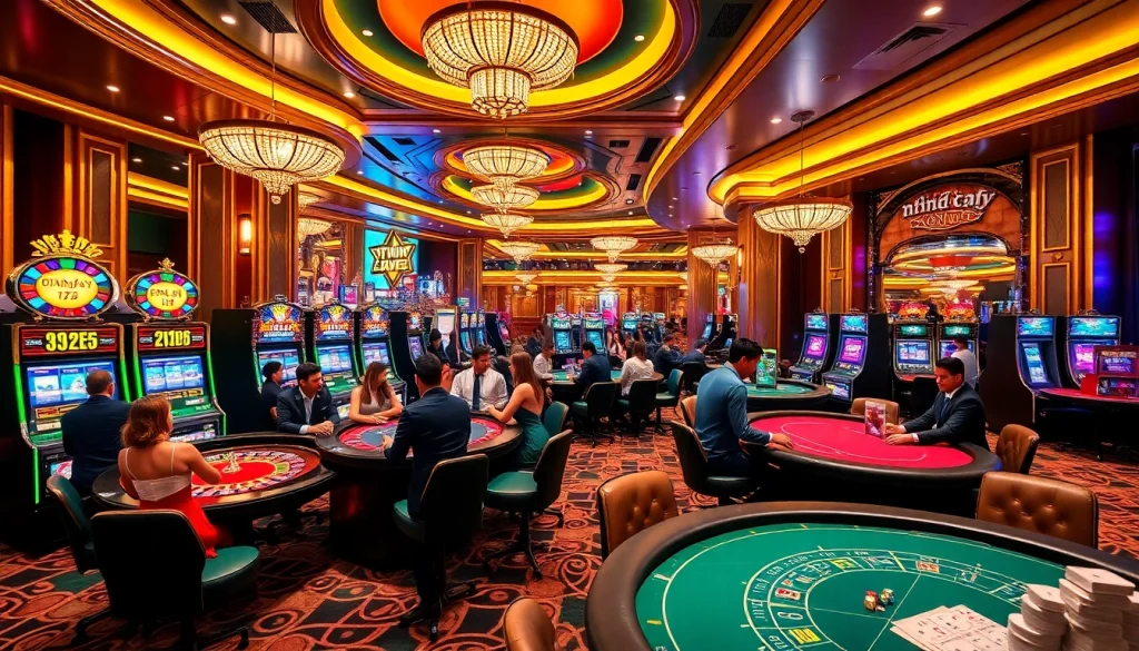 Exciting gameplay at Nhà cái Kuwin casino with vibrant slot machines and enthusiastic gamblers.