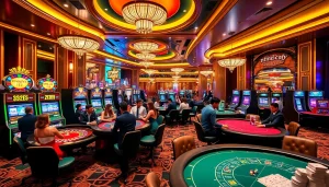 Exciting gameplay at Nhà cái Kuwin casino with vibrant slot machines and enthusiastic gamblers.