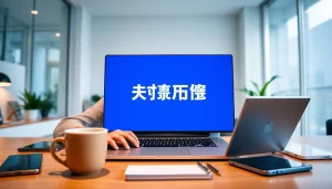 在现代数字工作区的时尚笔记本电脑上显示的快连官网，突出 VPN 连接性与生产力。