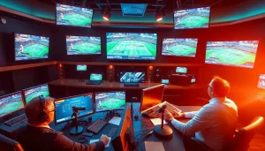 Engaging scene of sports broadcasting studio featuring announcers and live sports feeds.