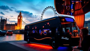 Luxury corporate party bus hire London with professionals enjoying a chic atmosphere against iconic landmarks.