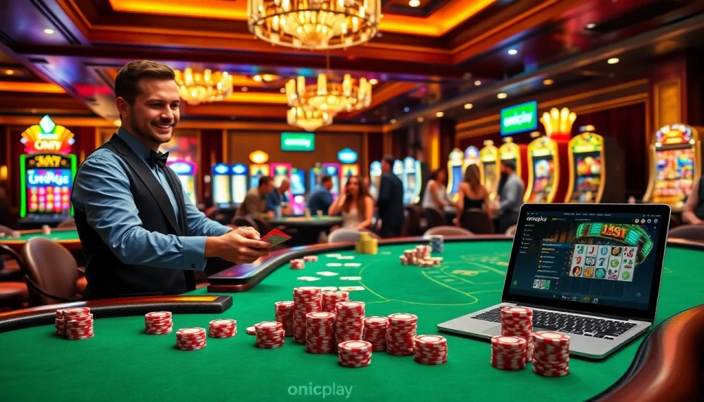 Excited players engaging in a poker game at a luxurious casino featuring onicplay elements.