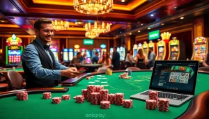Excited players engaging in a poker game at a luxurious casino featuring onicplay elements.