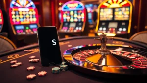 Experience the thrill of gaming at S8 with a vibrant casino scene featuring a roulette wheel and poker chips.
