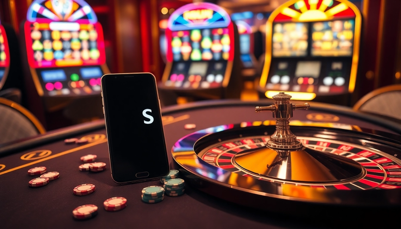 Experience the thrill of gaming at S8 with a vibrant casino scene featuring a roulette wheel and poker chips.