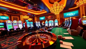 Action-packed casino scene highlighting gameplay at https://f8bet.ventures/ with poker chips and a roulette wheel.
