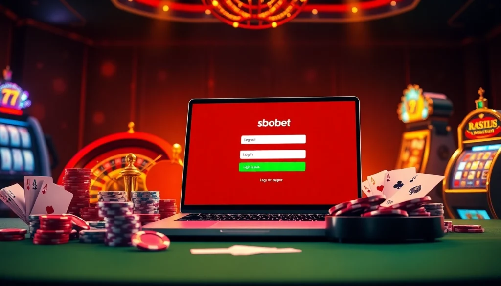 SboBet login on a laptop surrounded by poker chips and playing cards, showcasing online gambling.