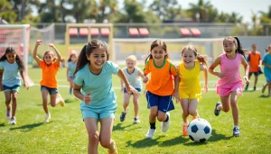 Girls enjoying Multi Sports Camps for Girls, participating in soccer, basketball, and swimming.